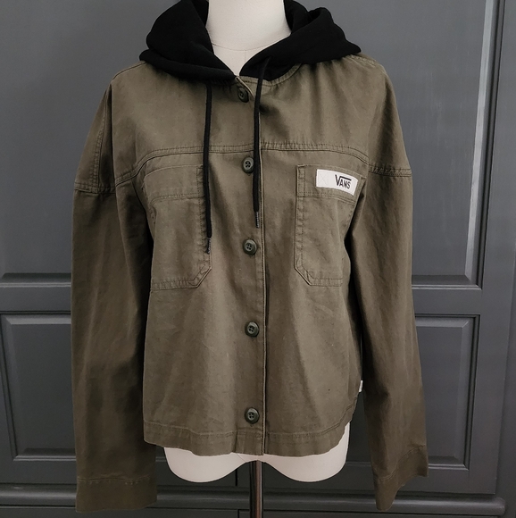VANS Crowd Surf Cropped Hooded Woven Women Jacket Military Black Green Size Smal - Picture 2 of 7